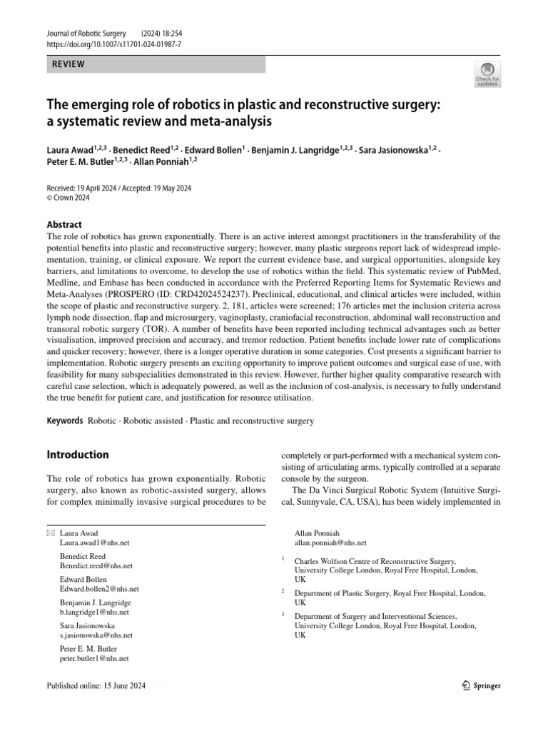 The Emerging Role of Robotics in Plastic and Reconstructive Surgery: A ...