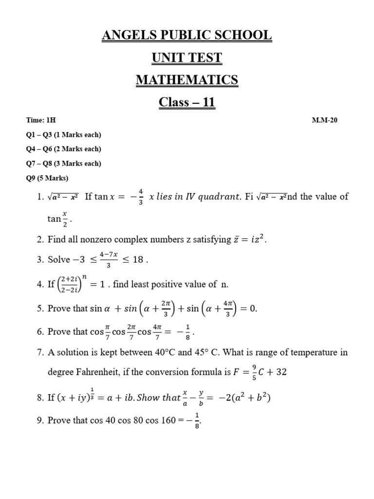 Class 11 Mathematics Unit Test Questions | PDF | Teaching Methods ...