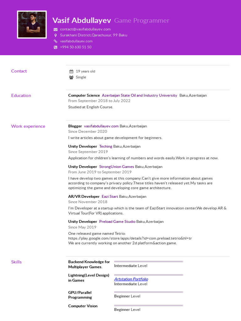CV 1578570661 | PDF | Unity (Game Engine) | Software Development