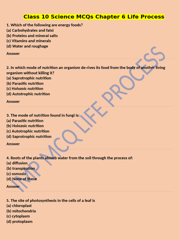 Class 10 Science Mcqs Chapter 6 Life Process Pdf Nutrition Diet