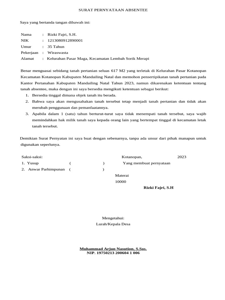 Surat Pernyataan Tanah Absentee 2023 | PDF