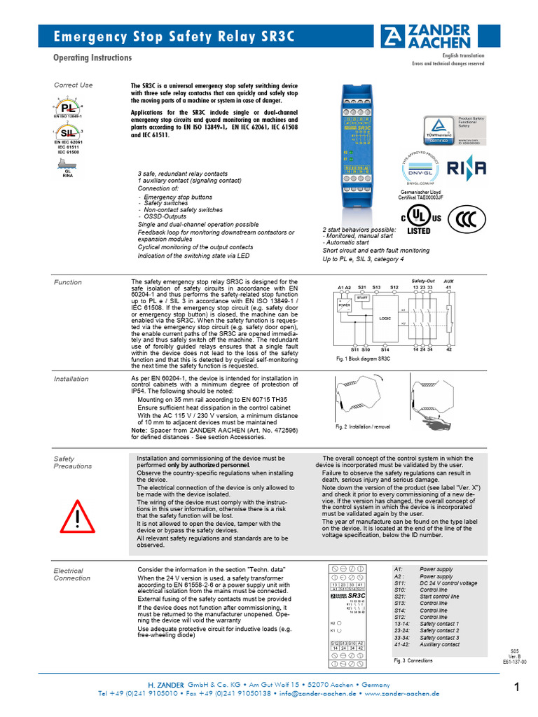 SR3C Emergency Stop Relay Manual | PDF | Relay | Power Supply