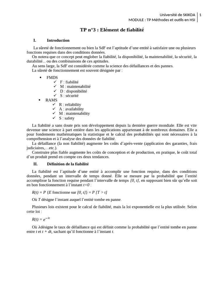 Définition de la Sûreté de Fonctionnement | PDF | Ingénierie de ...