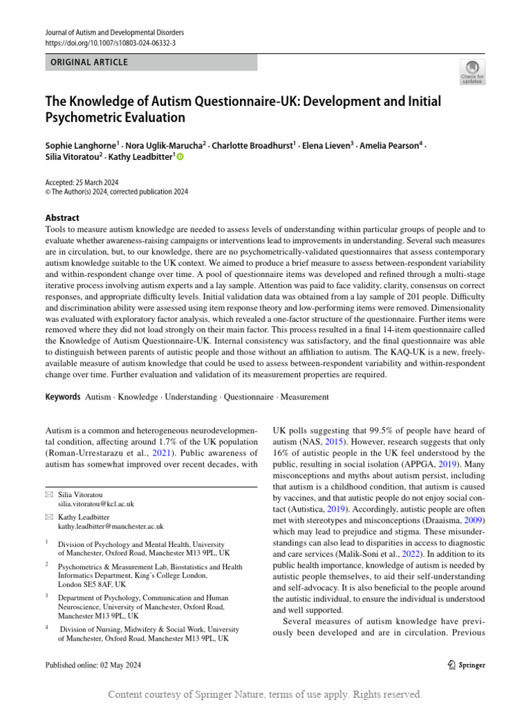 The Knowledge of Autism Questionnaire-UK Developme | PDF | Autism ...