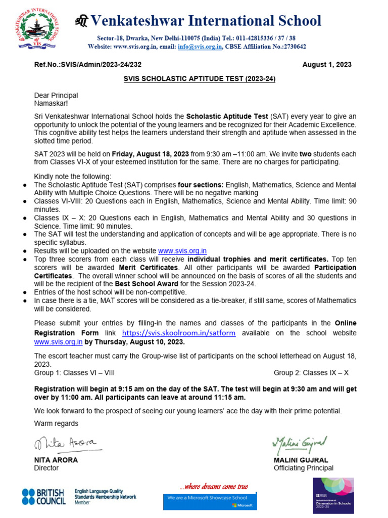 SVIS Scholastic Aptitude Test 2023 | PDF | Sat | Evaluation Methods