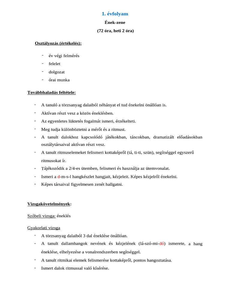 ÉNEK-ZENE-1.o Továbbhaladási Feltétele | PDF