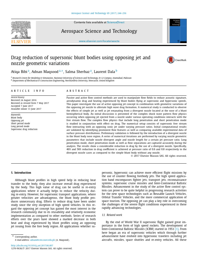 Drag Reduction of Supersonic Blunt Bodies Using Oppo - 2017 - Aerospace ...
