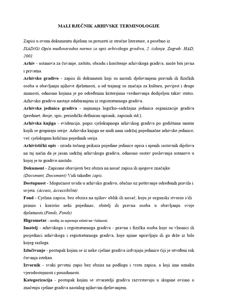Mali Rjecnik Arhivske Terminologije | PDF