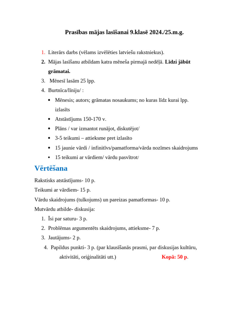 Prasības Mājas Lasīšanai 9 - 2024 | PDF