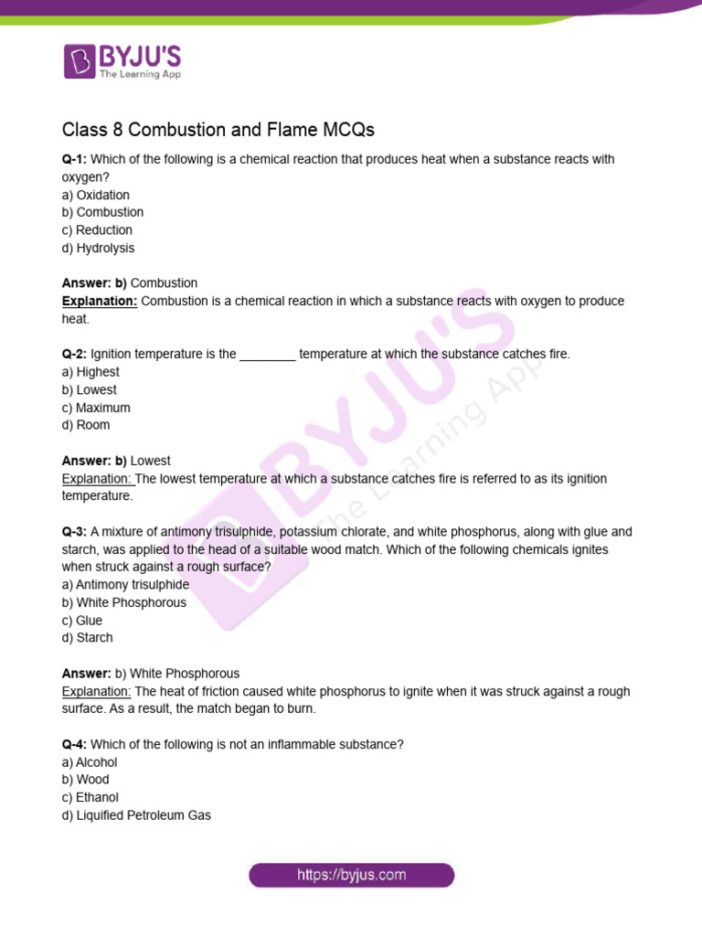 Class 8 combustion and flame mcqs docx pdf combustion fires