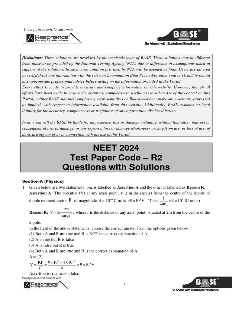 NEET 2024 Physics Questions with Solutions | PDF | Polarization (Waves ...