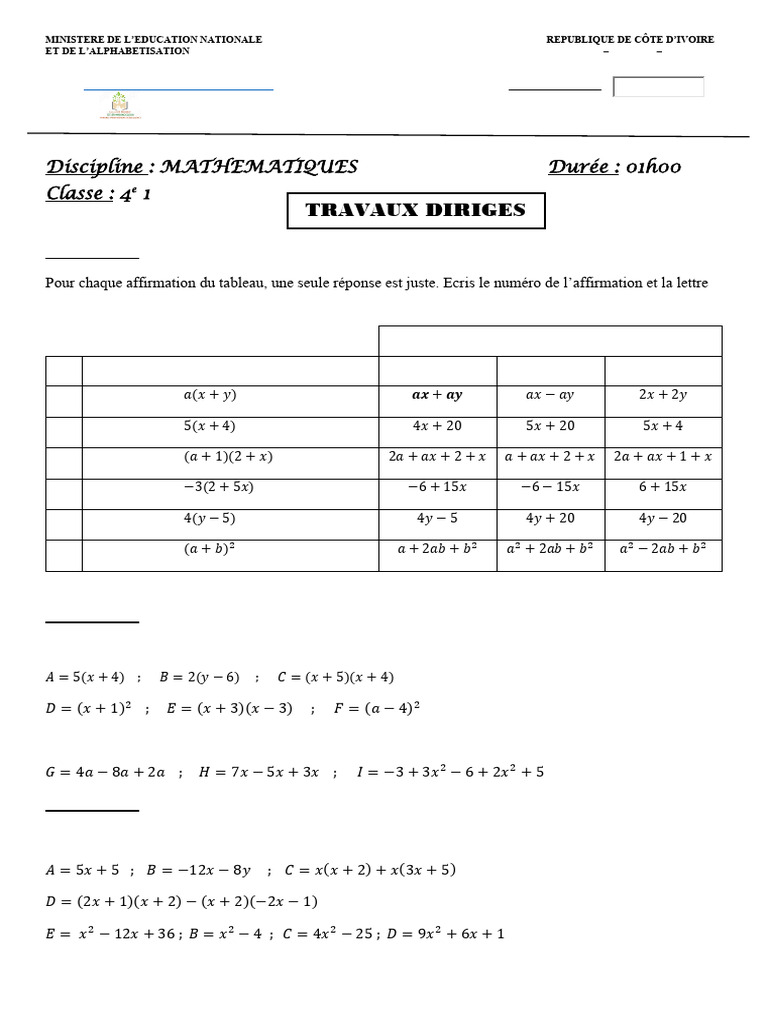 Exercices de mathématiques pour 4e 1 | PDF