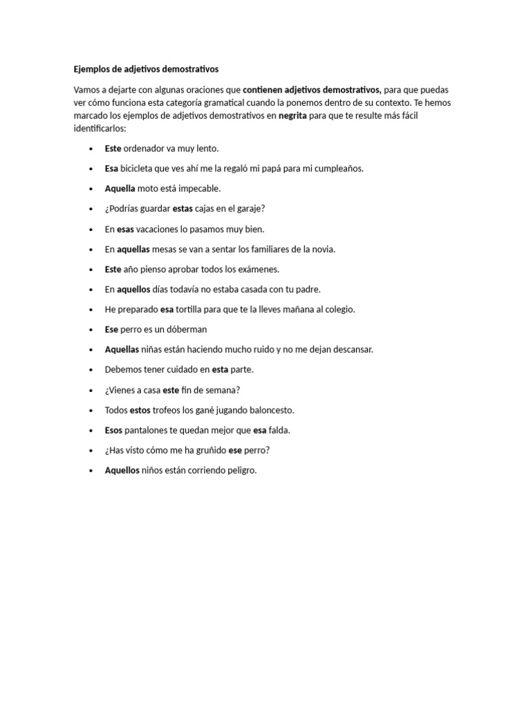 Ejemplos de Adjetivos y Pronombres Demostrativos | PDF | Artes del ...