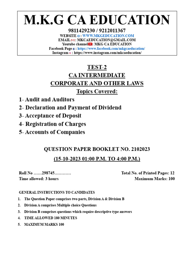 Ca inter law test 2 pdf dividend equity finance 