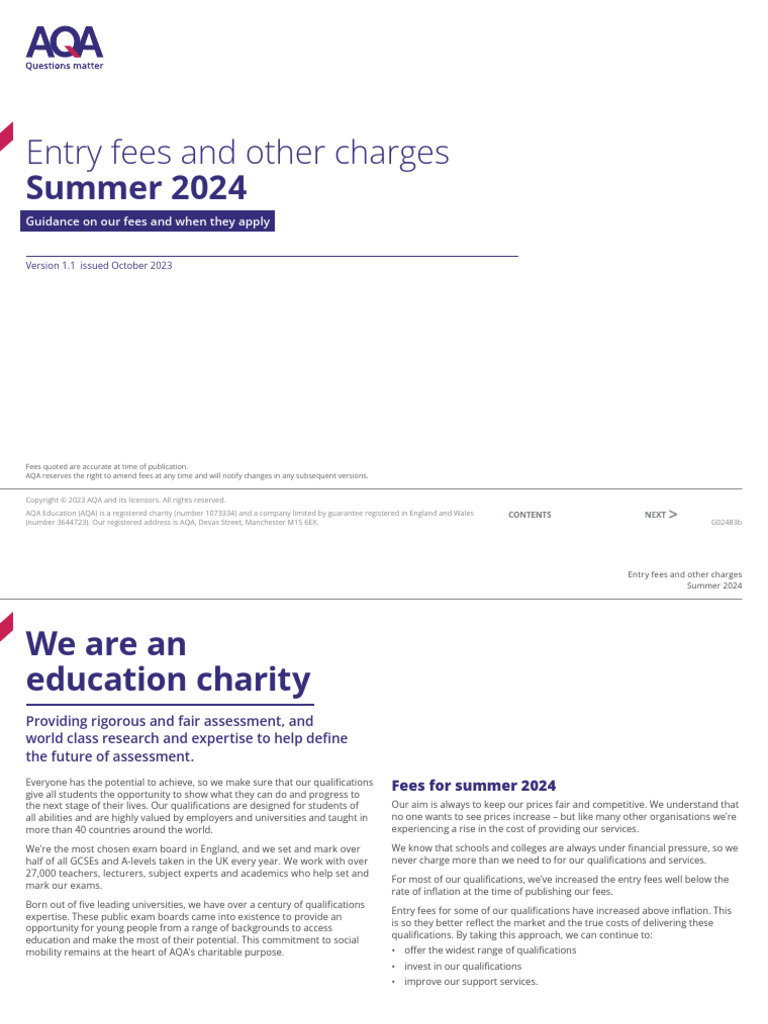 Aqa Entry Fees Summer2024 | PDF | Fee | Teachers