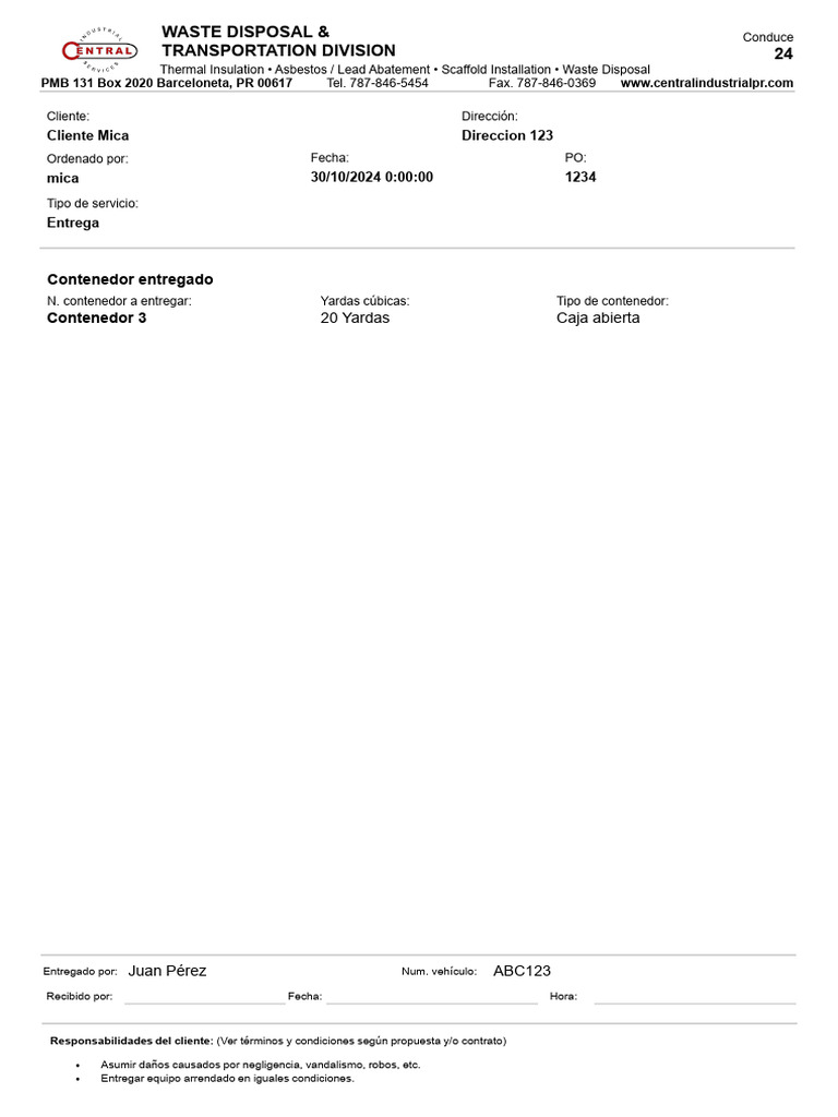 Entrega de Contenedor de Desechos 20 Yd³ | PDF
