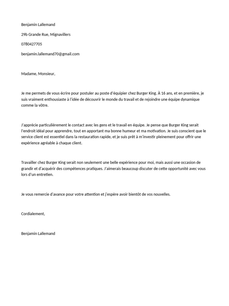 Lettre de motivation pour Burger King PDF — free download