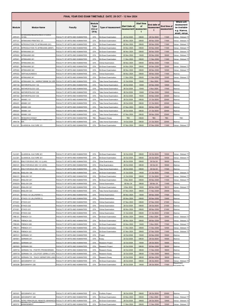 2024 Final Year Exam Timetable | PDF | Health Care | Medicine