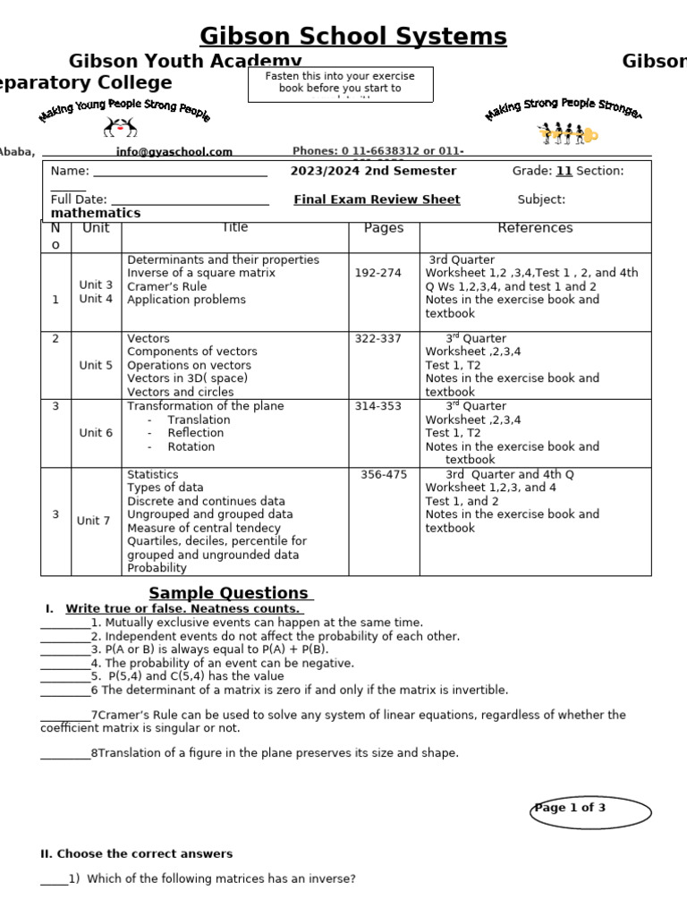 Grade 11 Mathematics Exam Review Guide | PDF | Matrix (Mathematics ...