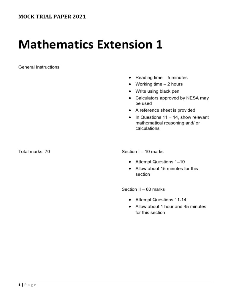 2021 James Ruse - X1 - Trial - Questions | PDF