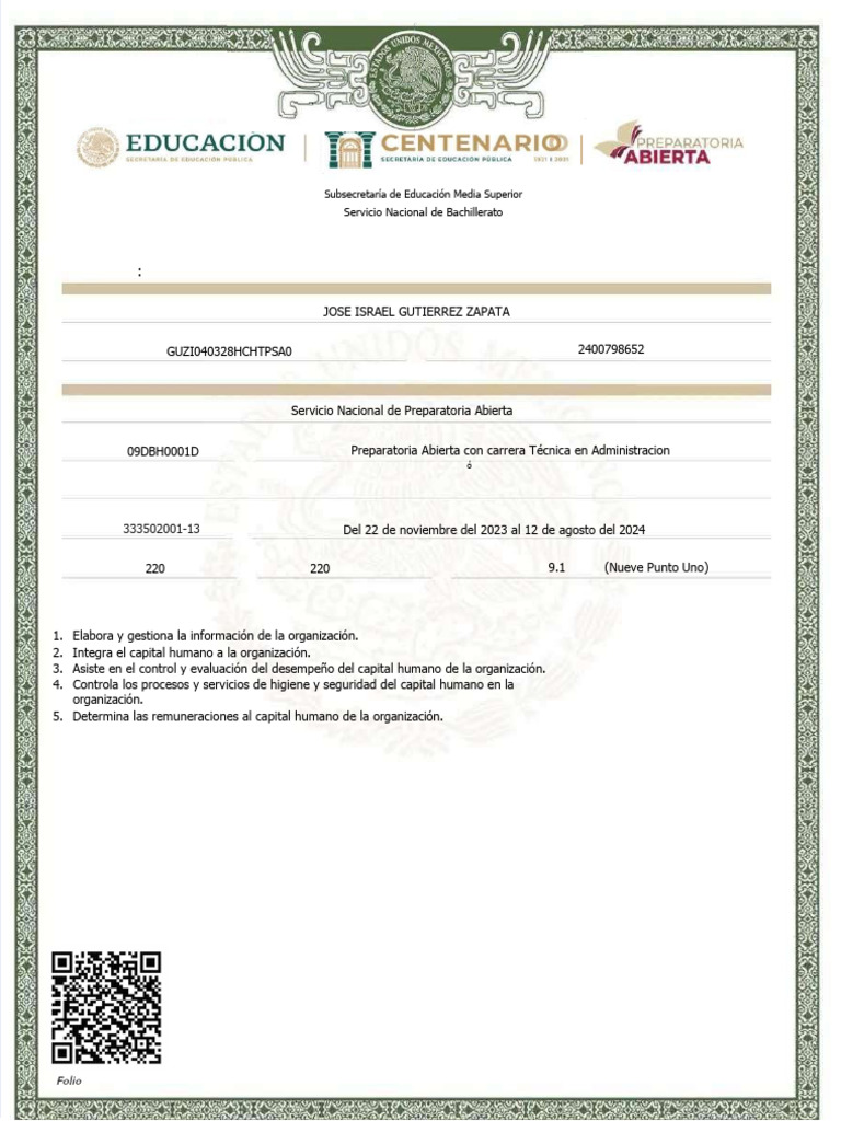 Certificado de Bachillerato Abierto 2024 | PDF
