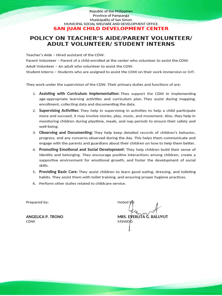 San Juan Child Development Center Volunteer Policy | PDF | Wellness ...