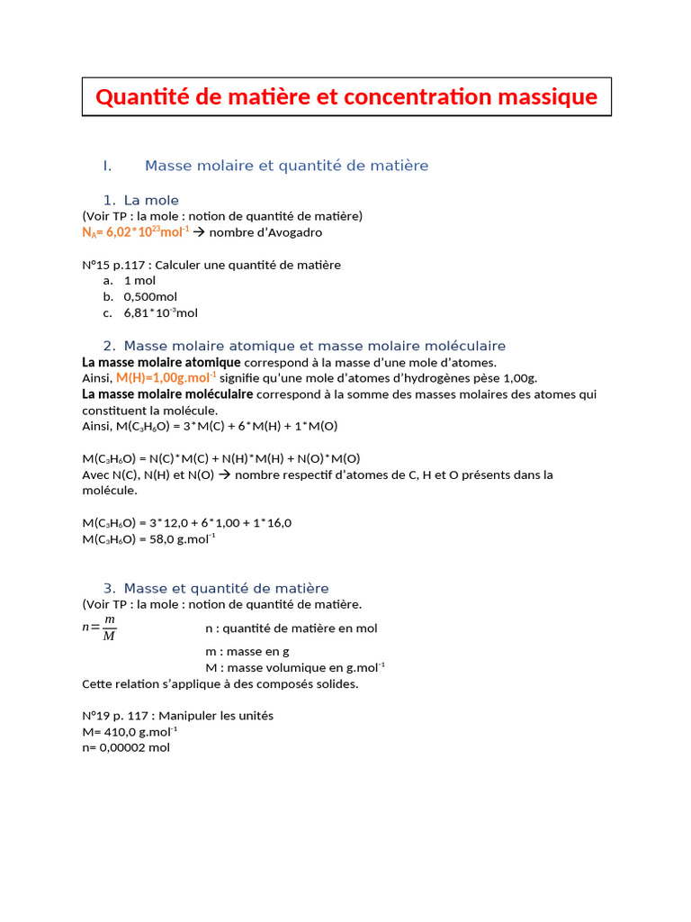 Masse Molaire et Concentration Molaire | PDF | Concentration molaire ...