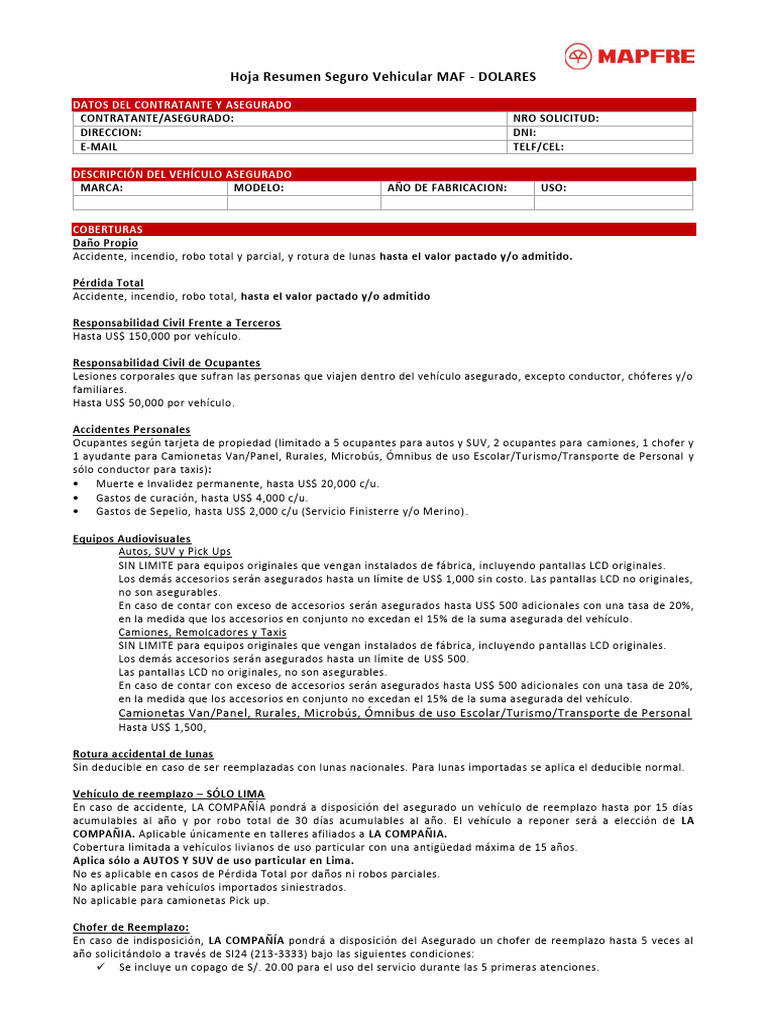 Resumen Seguro Vehicular Mapfre | PDF | Póliza de seguros | Toyota