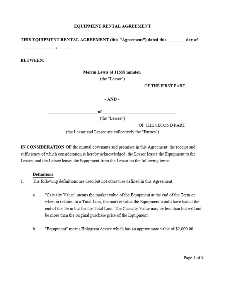 Equipment Rental Agreement Template | PDF | Lease | Indemnity