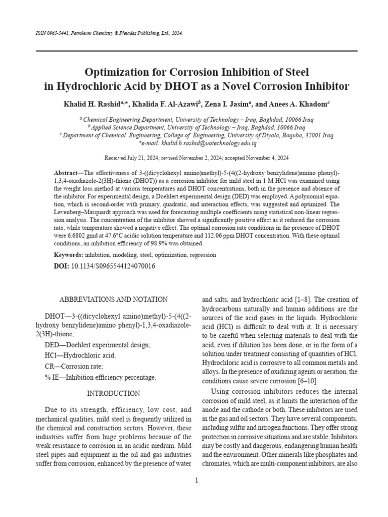 Optimization For Corrosion Inhibition of Steel in Hydrochloric Acid by ...