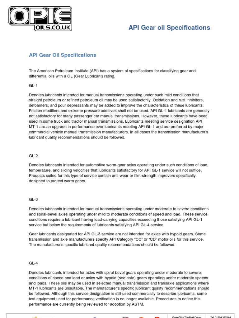 API Gear Oil Specifications Wheeled Vehicles Automobiles