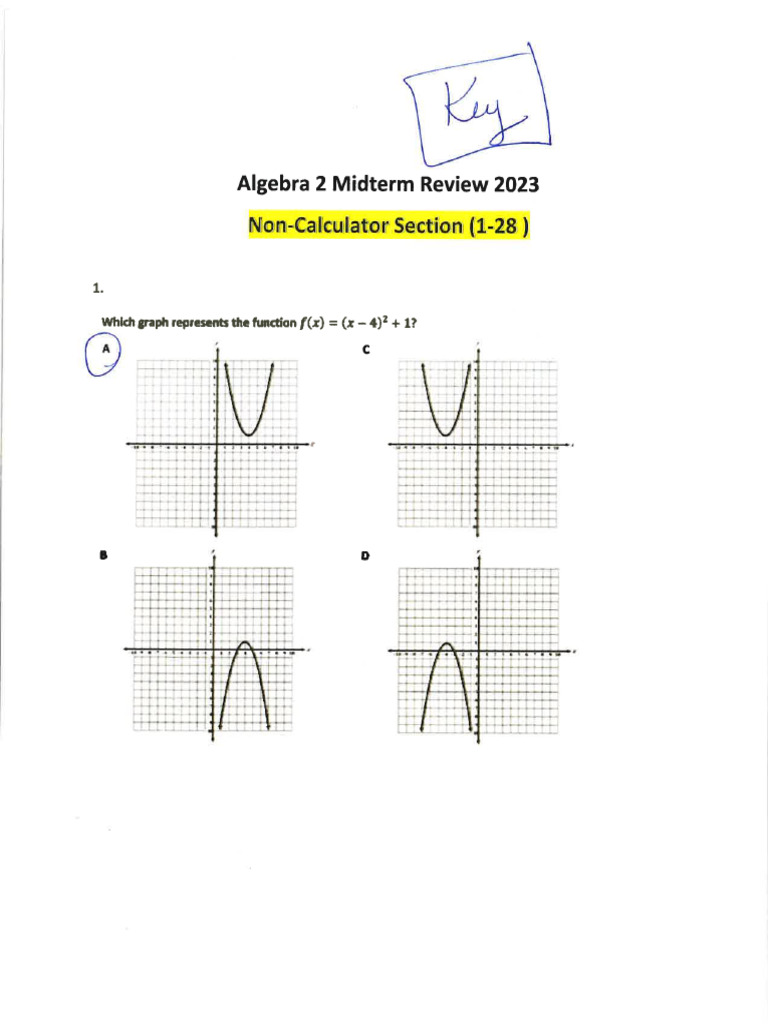Algebra 2 Midterm Review Answer Key 2023 | PDF