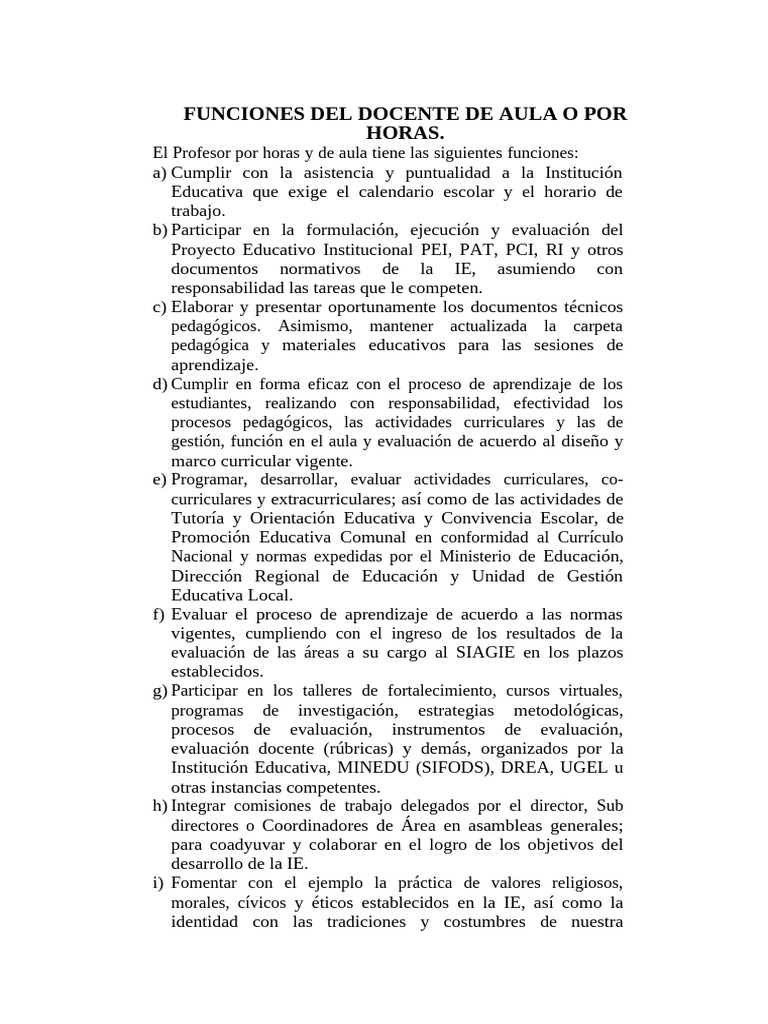 Funciones del Docente de Aula y Horas | PDF | Evaluación | Maestros