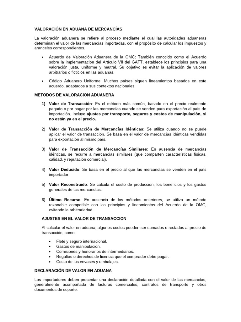 Valoración Aduanera Métodos Y Normas Pdf Aduana Arancel