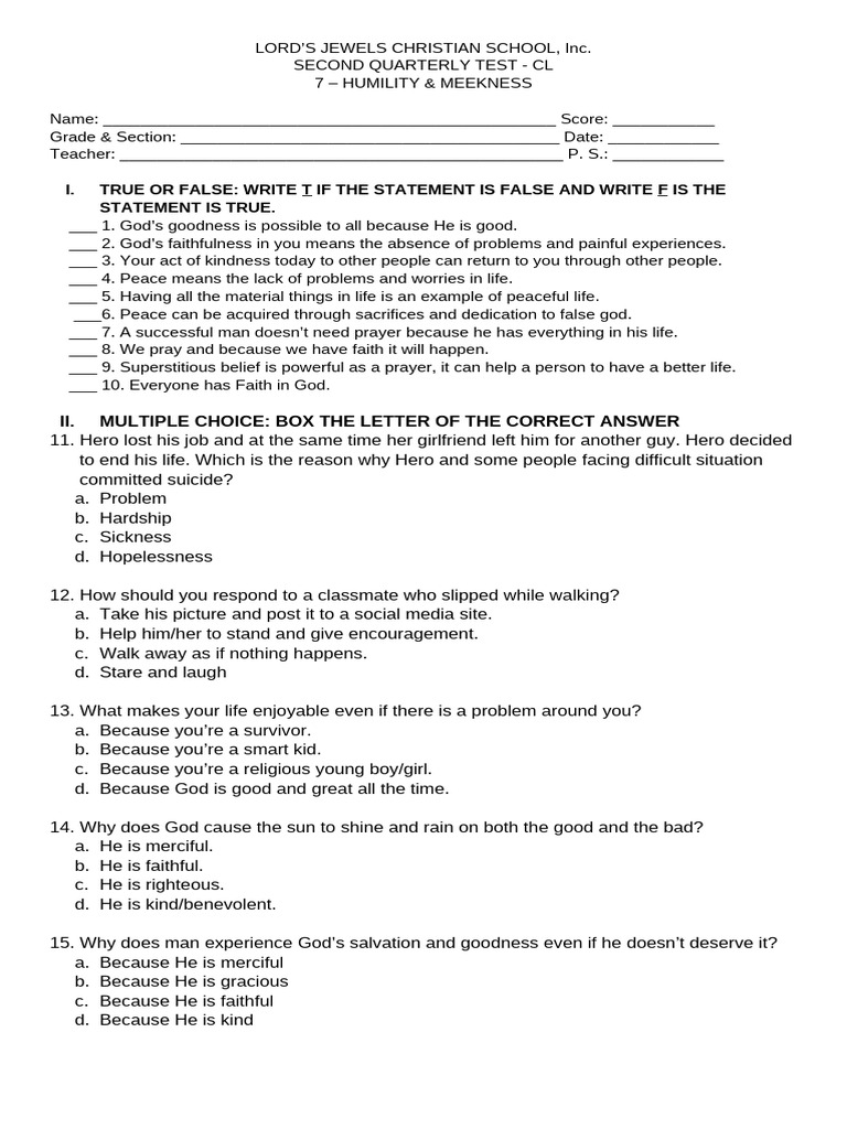 Humility & Meekness Test for Students | PDF | Faith | God