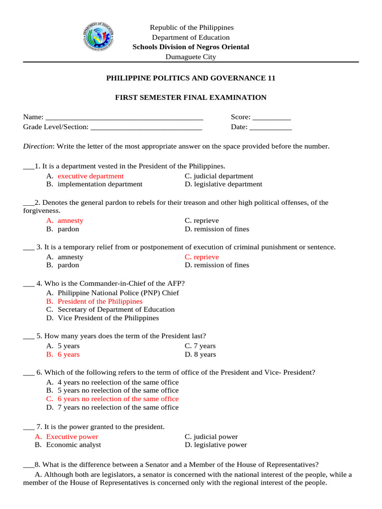 Philippine Politics and Governance Exam | PDF | Voting | Pardon