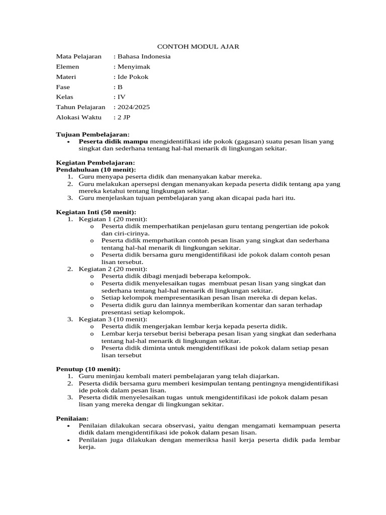 Modul Ajar Bahasa Indonesia Kelas IV | PDF