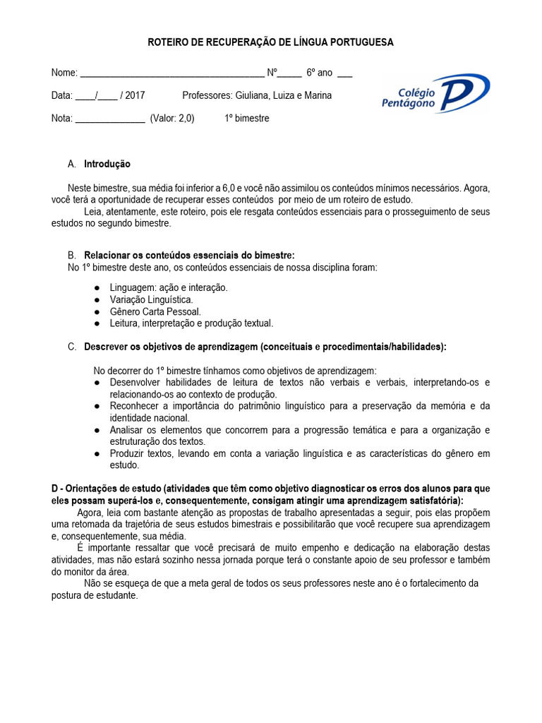 Portugues 6 Ano | PDF | Linguística | Aprendizado