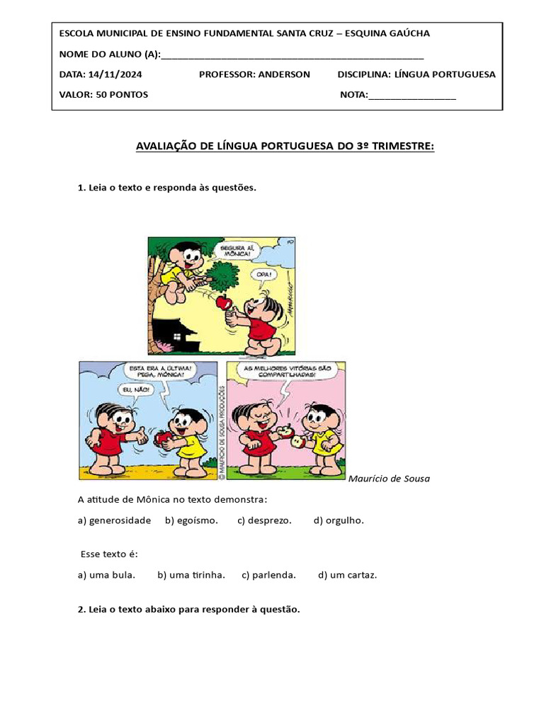 Avaliação de Língua Portuguesa 5º Ano | PDF | Artes Linguísticas e ...