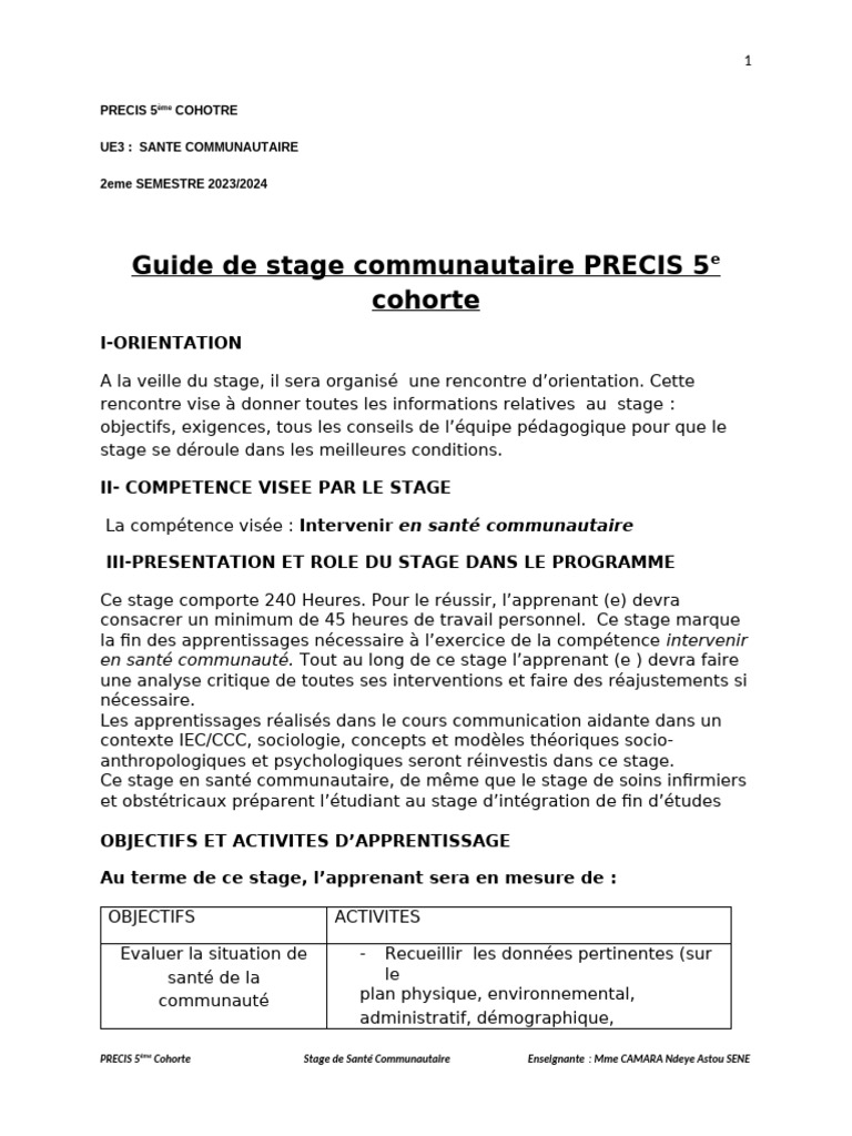Guide de Stage en Santé Communautaire | PDF | Enseignement des Arts ...