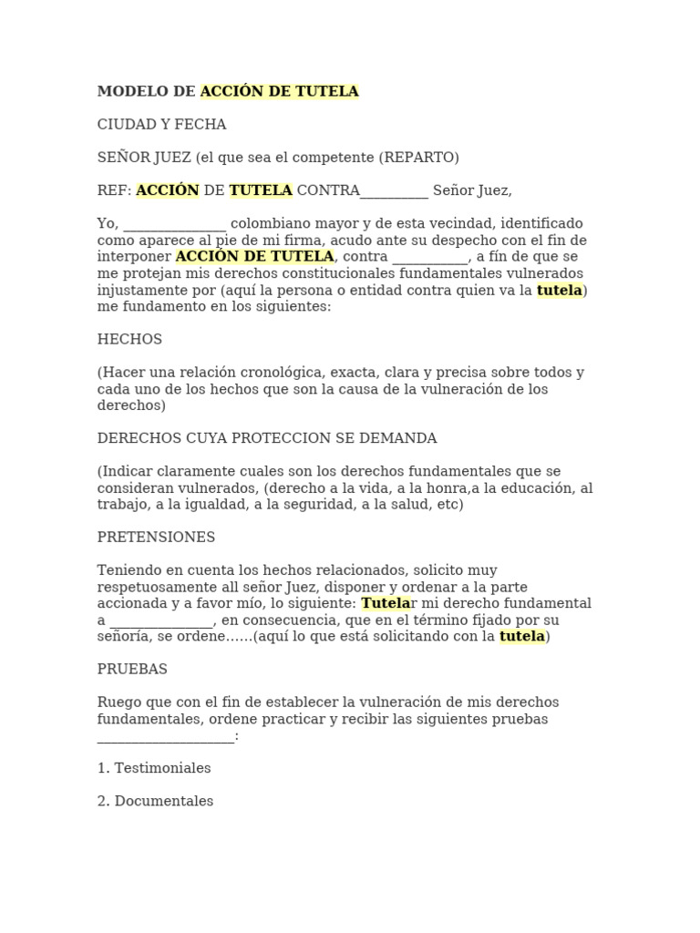 Modelo Accion de Tutela | PDF | Demanda judicial | Derecho Constitucional