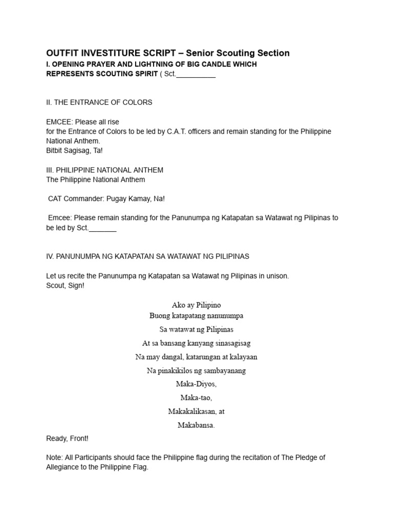 Investiture Script - Senior Scouting Section | PDF | Scouting | Youth ...
