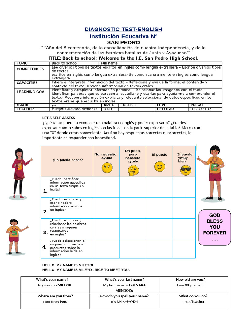 Diagnóstico de Inglés para 1° Grado | PDF | Idiomas del Reino Unido