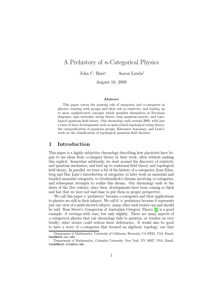A Prehistory of N-Categorical Physics: John C. Baez Aaron Lauda August ...