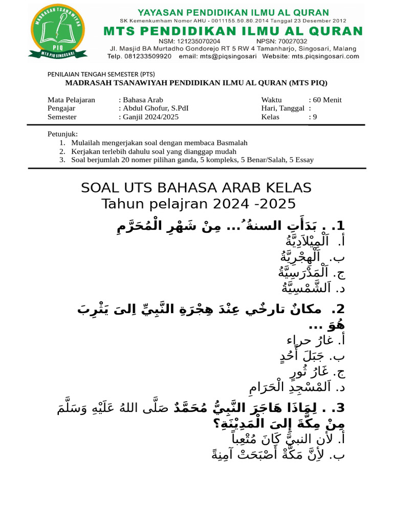 Soal PTS Bahasa Arab Kelas 9 MTS PIQ | PDF