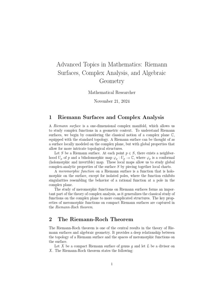 Advanced Topics in Mathematics: Riemann Surfaces, Complex Analysis, and ...