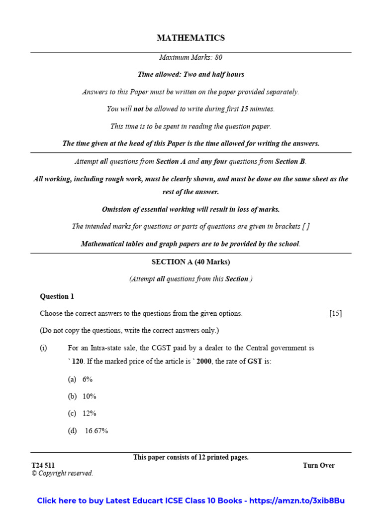 ICSE Class 10 Maths PYQ 2024 | PDF