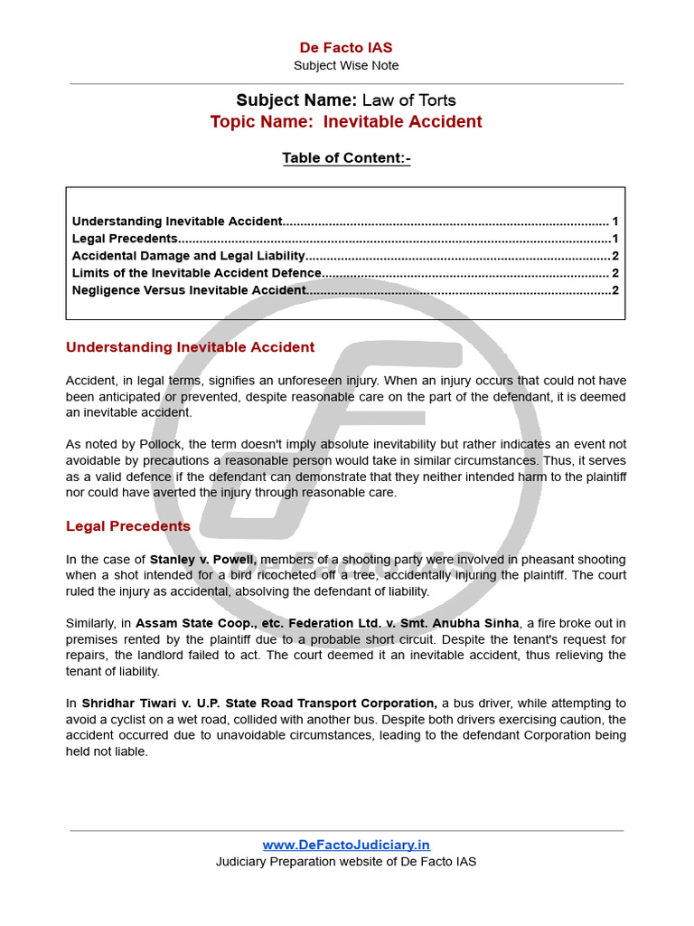 Inevitable Accident in Law of Torts | PDF | Legal Liability | Negligence