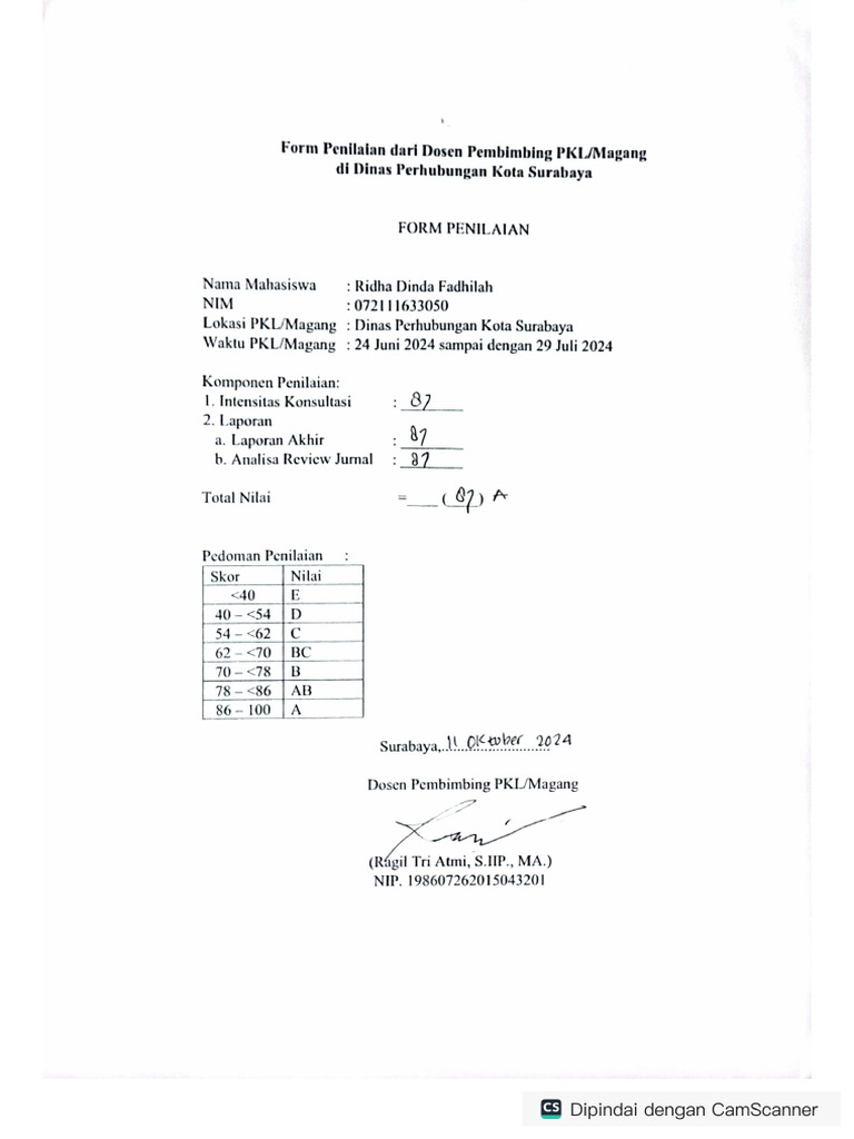 Form Penilaian Magang Ridha Dinda Fadhilah - 072111633050 | PDF