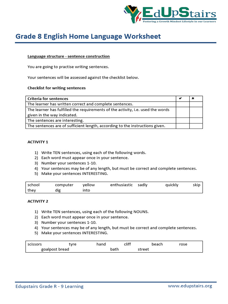 Grade 8 Sentence Construction Guide | PDF | Sentence (Linguistics ...